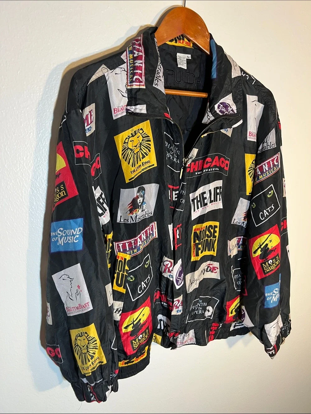 Duda International Black Broadway Playbills Silk Bomber Jacket Large XL